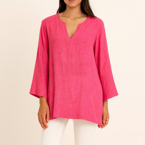 Lands' End Tops - Lands' End Pink Linen Tunic Long Sleeve Preppy Beachy Swim Cover Up Coastal